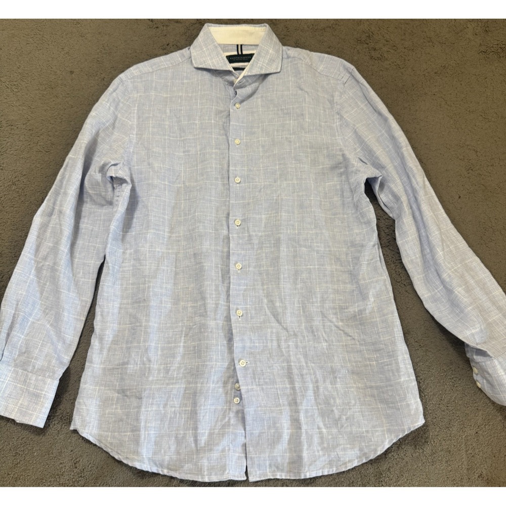 Kent & Curwen Shirt Mens L Light Blue Glen Plaid Tailored Fit Long Sleeve